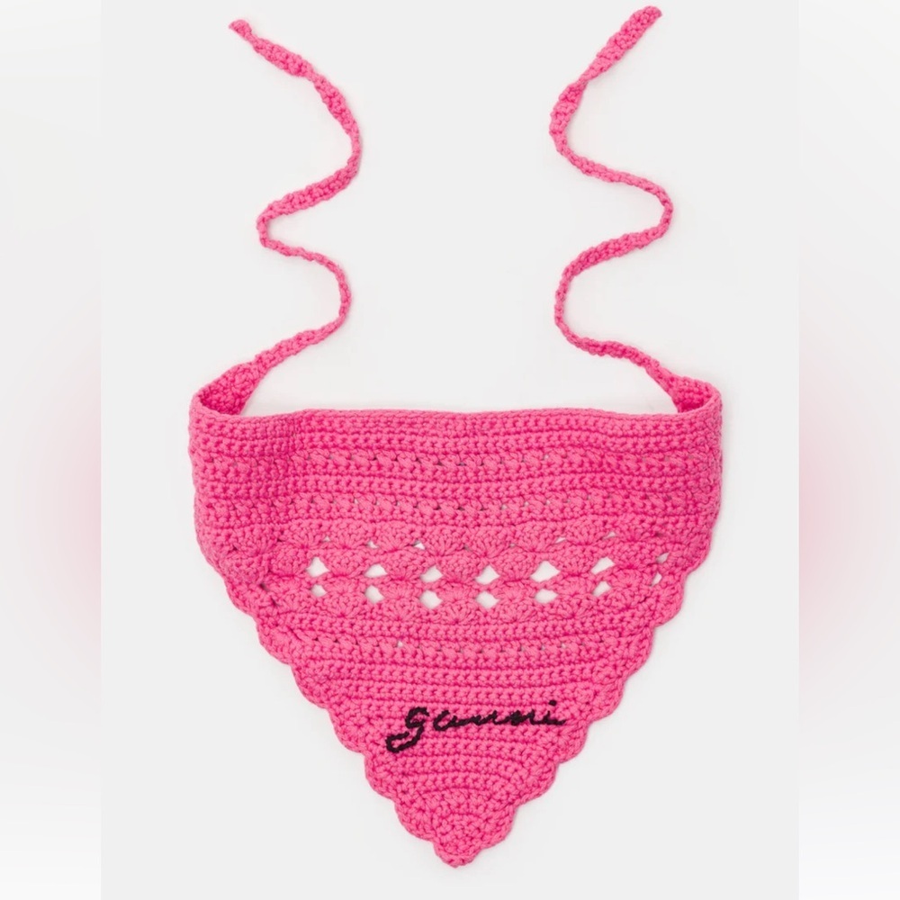 NWT Ganni Pink Crochet Knit Bandana Shocking Pink Logo Brand New